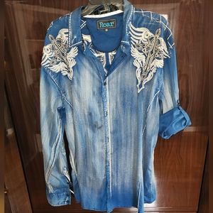 Roar Shirt Mens Uptown Signature Long Sleeve Button Up Embroidered 3XL BLUE